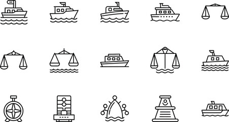 Set of thin line icons featuring various ships boats anchors and maritime navigation equipment for nautical design projects © Sabbir