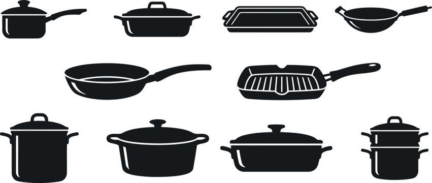 Set of black silhouette icons representing various kitchen cookware items