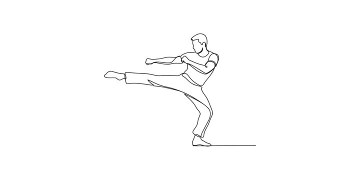 Continuous single line drawing of a man doing a karate kick martial arts move