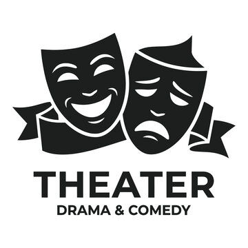 Theater drama comedy masks logo with ribbon and text icon