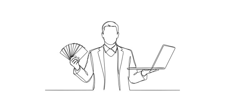 Businessman holding color palette and laptop in one line drawing