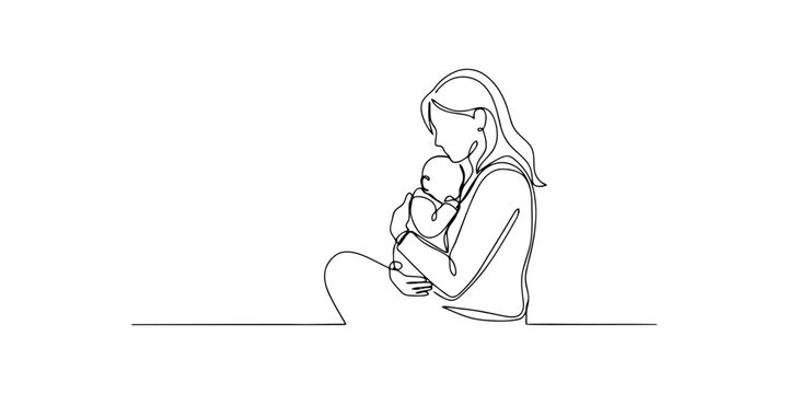 Continuous single line drawing of a mother holding her newborn baby in her arms