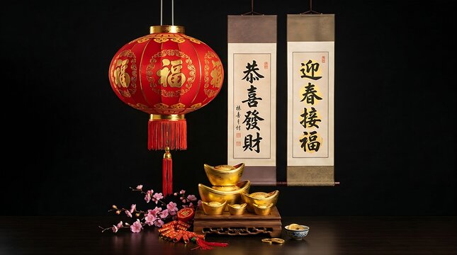  traditional Chinese New Year cultural symbols, featuring an ornate red silk lantern, hand-painted calligraphy scrolls, and gold sycee ingots arranged elegantly, professional studio setup, clean dark 