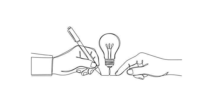 Continuous line drawing of a hand holding a pen writing next to a hand pointing at a light bulb idea symbol