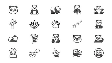 Collection of cute cartoon panda icons in various playful and everyday activities with bamboo elements © Joyce