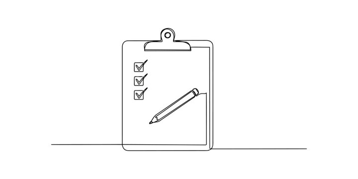 Continuous single line drawing of a clipboard with checklist and pencil