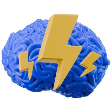 Brainstorming concept with blue human brain and yellow lightning bolts, creative thinking and mental energy icon, 3D render of intelligence and power