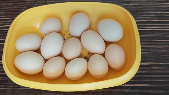 Placing Bowl of Fresh Farm Eggs on Kitchen Table