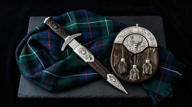  traditional Scottish heritage items, showcasing an authentic steel dirk dagger, a classic tartan kilt fabric sash, and a silver sporran pouch, realistic,crisp professional textures, dark minimalist b