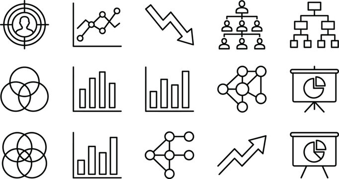 Business Diagram and Corporate Strategy Line Icon Set Featuring Target Markets Organization Charts Bar Graphs Presentation Screens and Network Nodes Vector Design