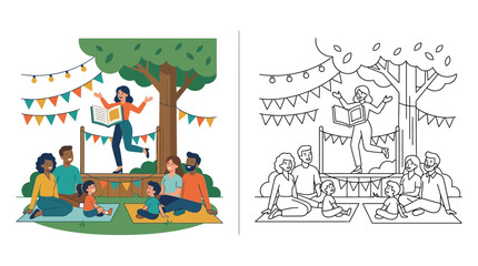 Naklejka premium Outdoor Storytelling Event: Woman Reads Book to Diverse Audience Under Tree with Bunting