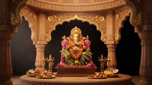 Maharashtra, India, Beautiful sculpture of Lord Ganesh called as Dagdusheth Halwai Ganpati near Mandai location during Ganesh