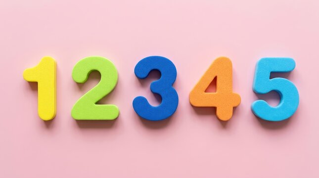 Colorful foam numbers one through five arranged horizontally on a soft pastel pink studio background