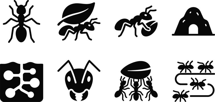 Set of black silhouette icons depicting ants and their colony structure isolated on a white background