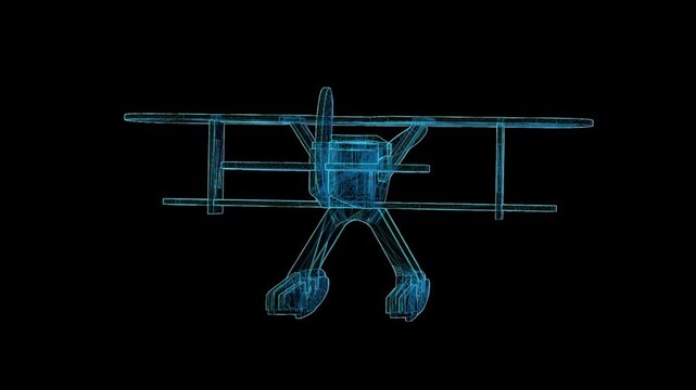 Detailed 3D HUD wireframe attack aircraft with 360-degree rotation, futuristic holographic blueprint for aviation and military visualization.
