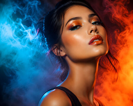 Portrait of stylish fashionable young woman with dramatic makeup and colorful lighting