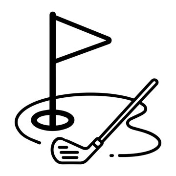 Minimalist golf icon with club and flag on putting green, black line art golf course symbol, professional sports equipment graphic for web design