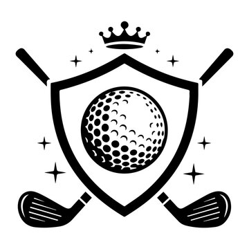 Vintage golf crest logo with crossed clubs and shield, elegant black and white golf ball emblem, royal sporting tournament badge with crown