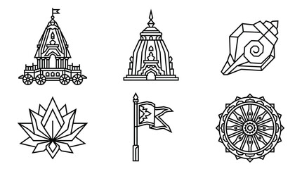 Fototapeta premium Set of line art icons representing traditional Indian religious symbols and architecture.