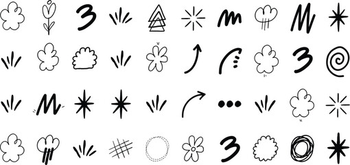Fototapeta premium Hand Drawn Cute Scribble Vector Element Set Featuring Abstract Flowers Clouds Sparkles Arrows and Geometric Shapes for Creative Notebook Journal Sticker Designs