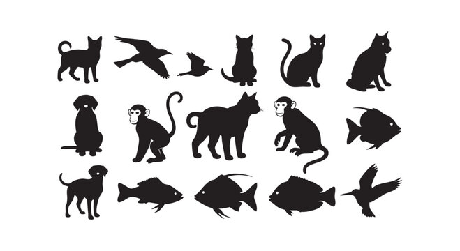 Diverse animal silhouettes collection featuring cats dogs birds monkeys and fish for design.