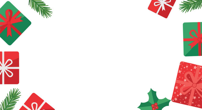 A festive Christmas vector frame features colorful gift boxes, green pine needles, and holly leaves arranged around a white central space.