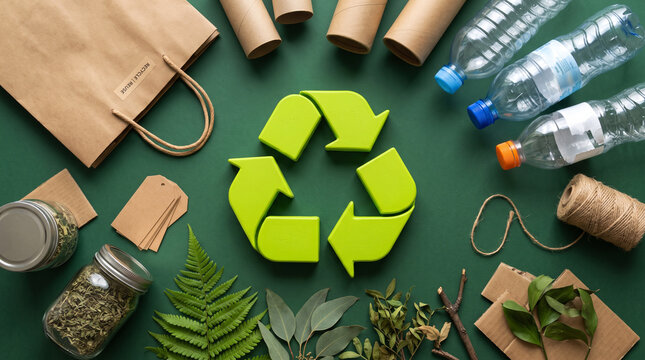 Flat lay view of recycling materials including glass jars paper bags bottles and cardboard arranged around green recycle symbol on board.