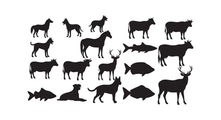 Fototapeta premium Diverse animal silhouettes vector collection with farm, wild, and aquatic creatures.