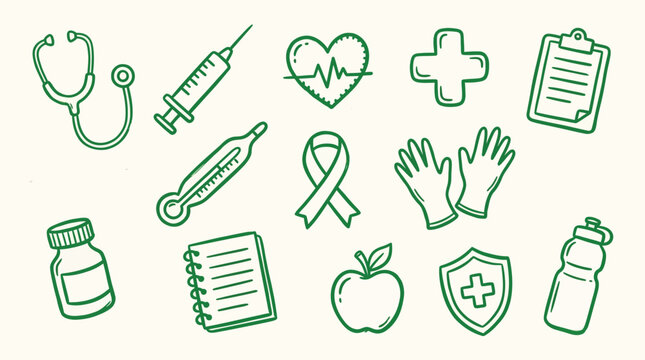 A collection of hand-drawn medical and health-related icons, including a stethoscope, syringe, thermometer, and heart monitor.