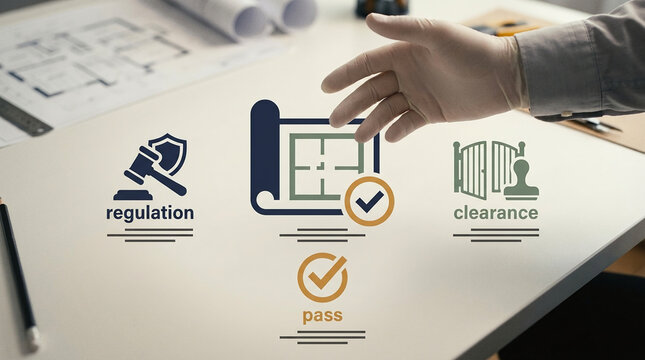 Professional hand over blueprints with regulation pass and clearance icons for construction law, building permit approval and architectural standards.