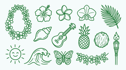 A collection of hand-drawn green outline icons representing Hawaiian and tropical elements like flowers, instruments, fruits, and nature symbols. © logan