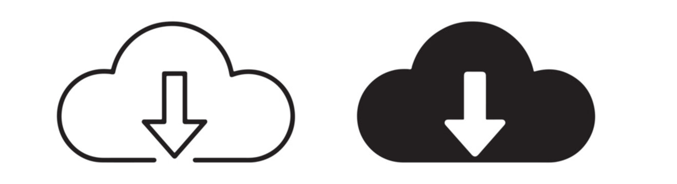 Cloud download with simple arrow for data retrieval and internet file access on a white background
