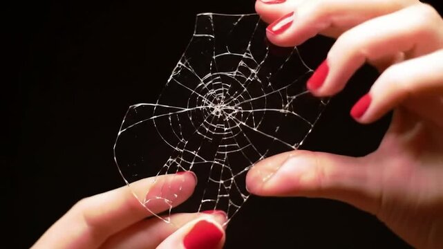 Female hands with red nails holding circular shattered glass with spider web cracks against black background