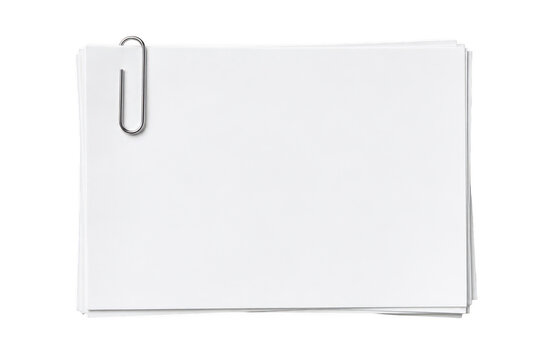 Silver metallic paperclip holding a stack of clean white paper sheets with soft studio lighting Isolated on transparent background
