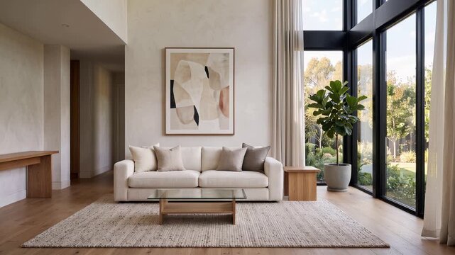Contemporary modern living room featuring luxurious white sofa, textured neutral rug, refined abstract wall art, floor-to-ceiling windows, 4K video
