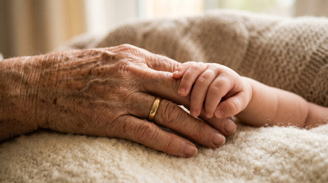 Generations holding hands, close up of elderly person's wrinkled hand and baby's tiny hand clasped, symbolizing love family bond and connection.