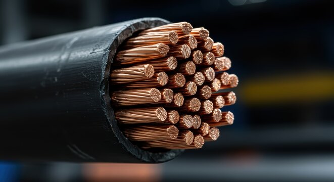 Copper wire cable showing stranded conductors inside black protective sheath close up