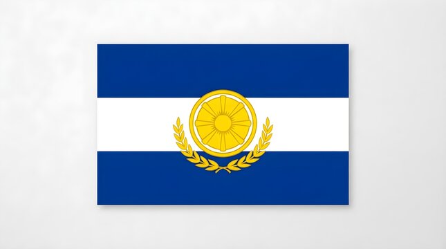 Fictional blue and white horizontal striped national flag featuring a prominent golden circular sun-and-star medallion framed by a laurel wreath, isolated against a minimalist white background for civ