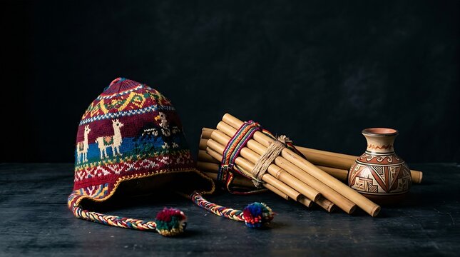 traditional Peruvian Andean cultural crafts, showing a colorful hand-woven alpaca chullo hat, a set of wooden pan flutes zampona, and a small painted ceramic pottery piece, realistic,textured textiles