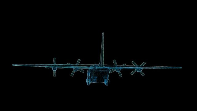 Detailed 3D HUD wireframe attack aircraft with 360-degree rotation, futuristic holographic blueprint for aviation and military visualization.