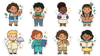 Naklejka premium Diverse kawaii stickers featuring characters celebrating culture and activities