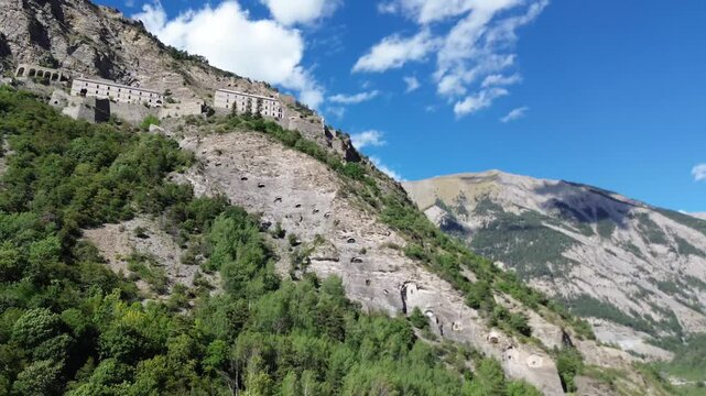 Fort de Tournoux - Forteresse militaire de la vall&eacute;e de l'Ubaye - Alpes-de-Haute-Provence, France - drone 4k