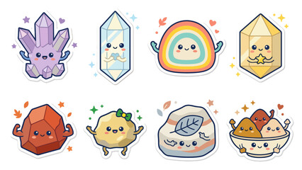 Fototapeta premium Collection of colorful kawaii stickers featuring crystals, rainbow, and food characters