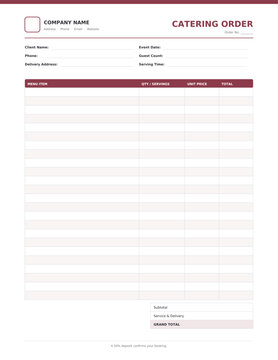 Catering order form template, professional printable template with editable text, clean minimalist layout for office and record keeping, isolated vector illustration on white background