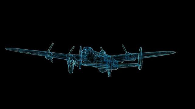 Detailed 3D HUD wireframe attack aircraft with 360-degree rotation, futuristic holographic blueprint for aviation and military visualization.