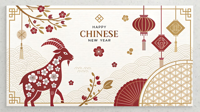 Vibrant Chinese New Year Illustration Featuring Ram Zodiac Animal with Floral Decorations and Traditional Symbols transparent background