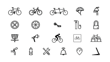 Fototapeta premium Collection of bicycle related icons featuring helmets wheels and accessories for cycling graphics projects