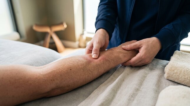Professional therapist massaging male forearm on treatment table in spa clinic