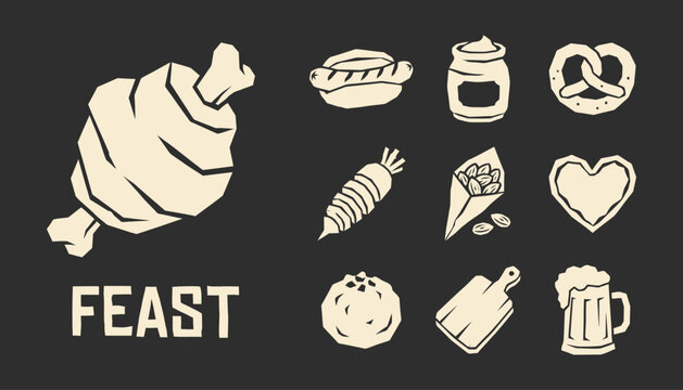 Minimalist food icons for feast and restaurant menu branding in rustic woodcut style