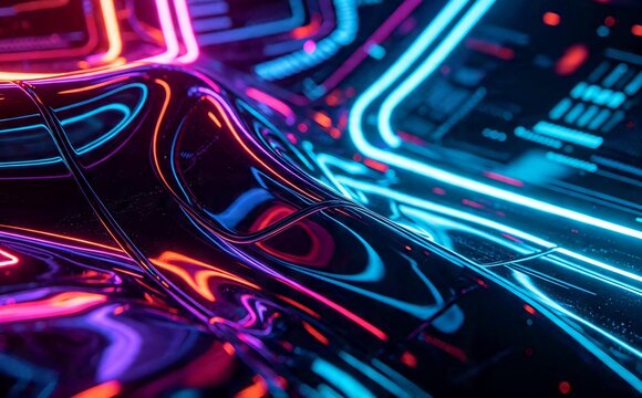 Futuristic neon lights with abstract reflective surfaces